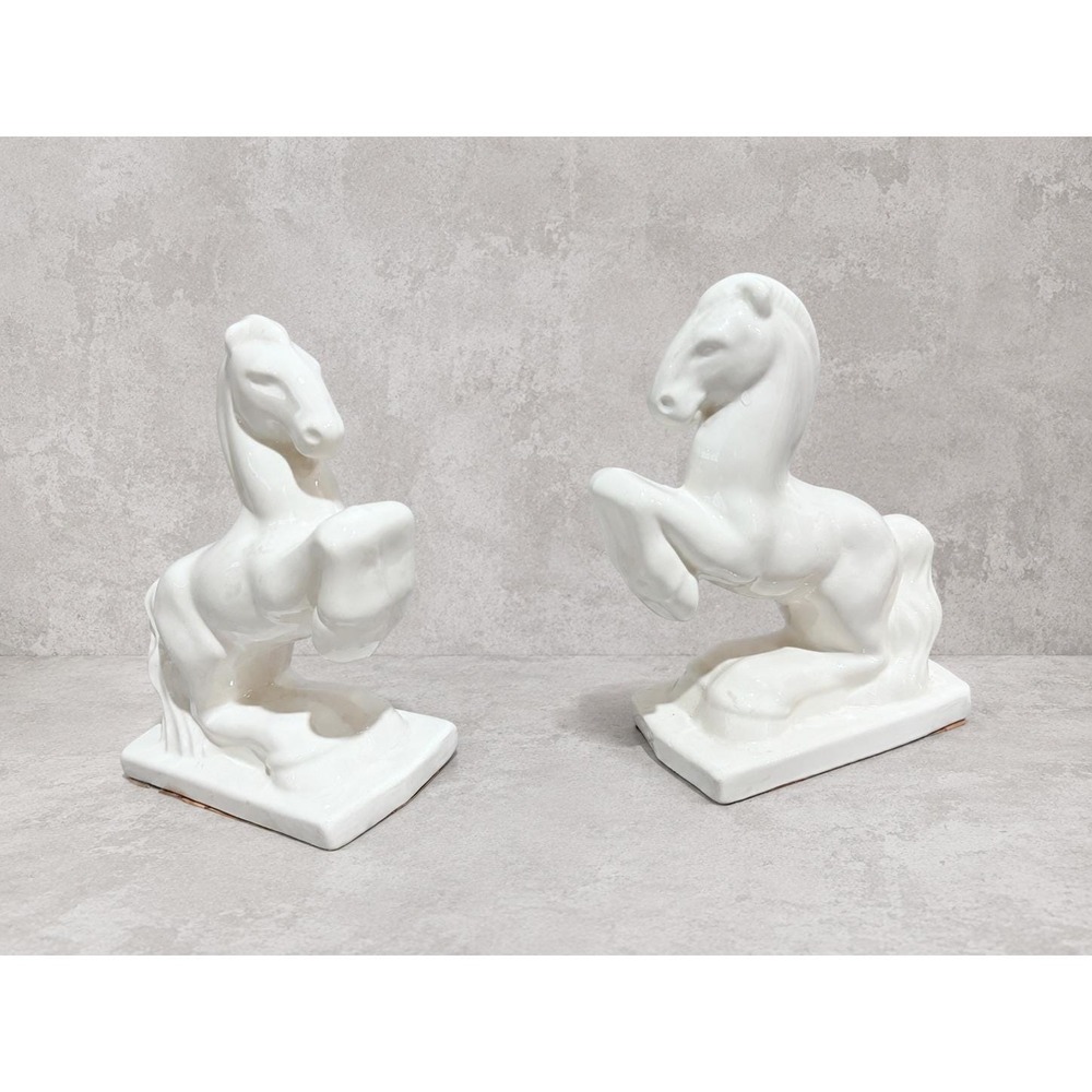 Vintage White Pair Ceramic Rearing Horse Bookends MCM Hollywood Regency 7"